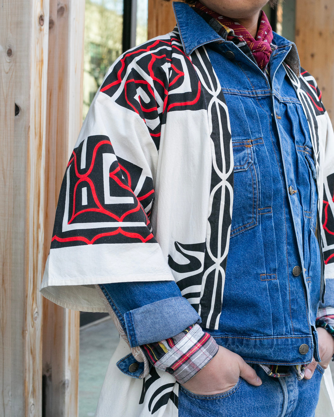 Vintage Ainu Robe, Natural With Black and Red
