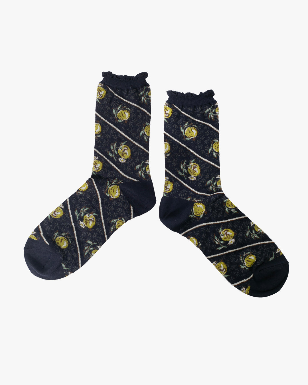 Debby Co., Crew Socks, Maison Blanche Collection, Navy with Yuzu Pattern
