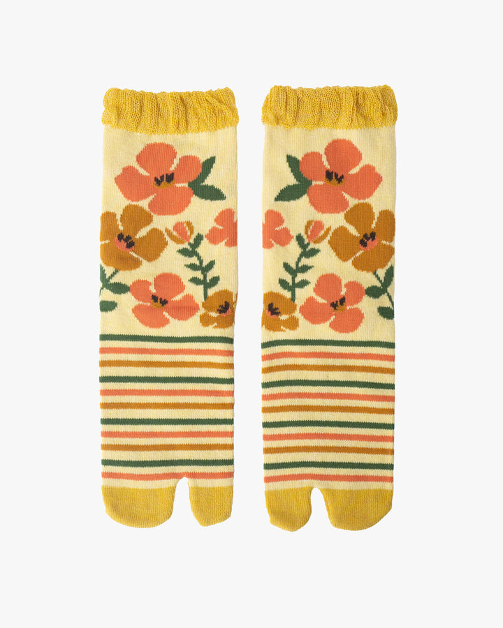 Kurochiku, Tabi Socks, Crew, Yellow, Orange Flowers and Stripes - S/M