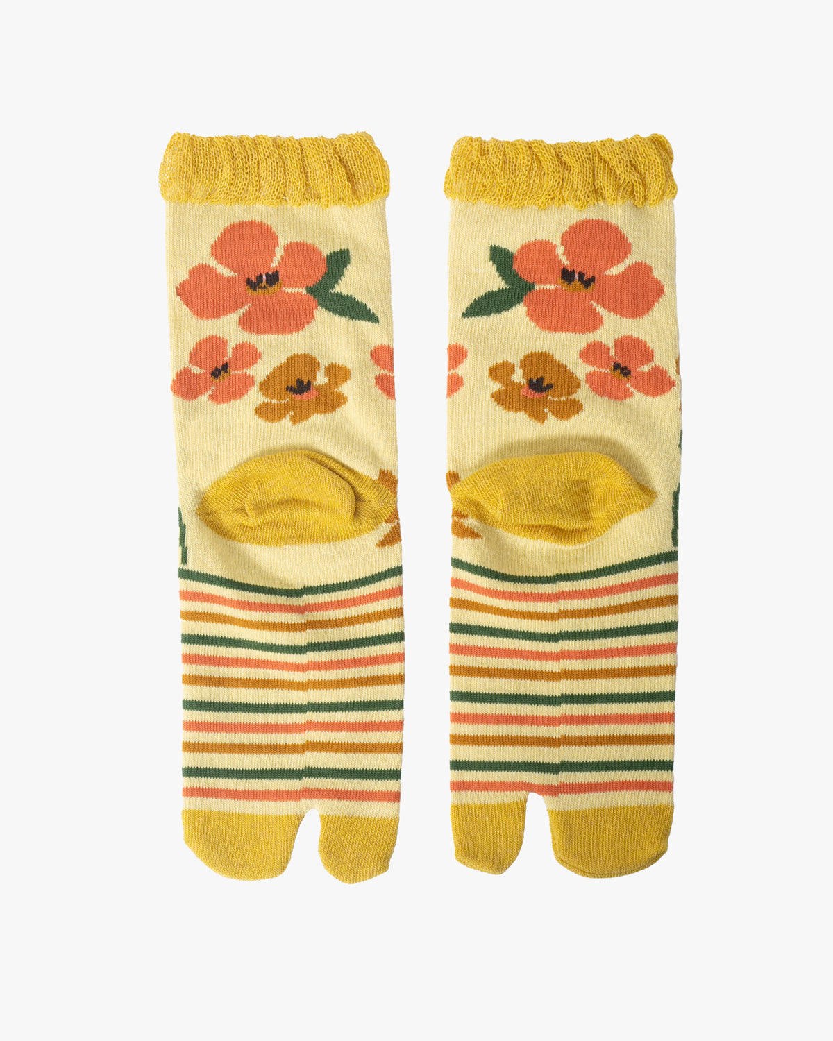 Kurochiku, Tabi Socks, Crew, Yellow, Orange Flowers and Stripes - S/M