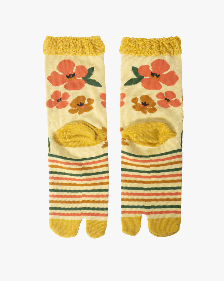 Kurochiku, Tabi Socks, Crew, Yellow, Orange Flowers and Stripes - S/M