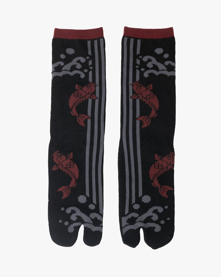 Kurochiku, Tabi Socks, Crew, Black, Gray and Red Koi - M/L