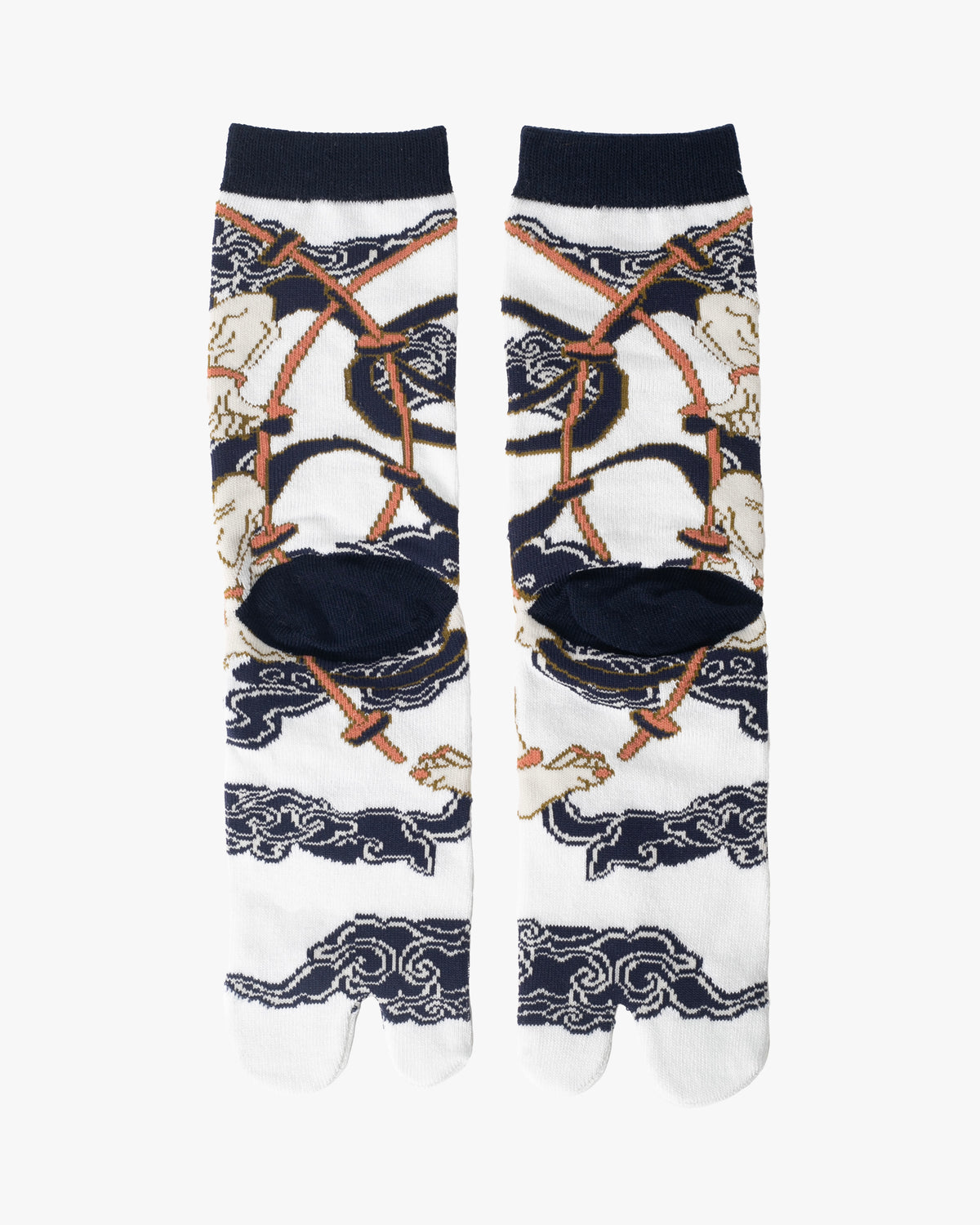 Kurochiku, Tabi Socks, Crew, White, Navy and Coral Pink, Raijin - M/L