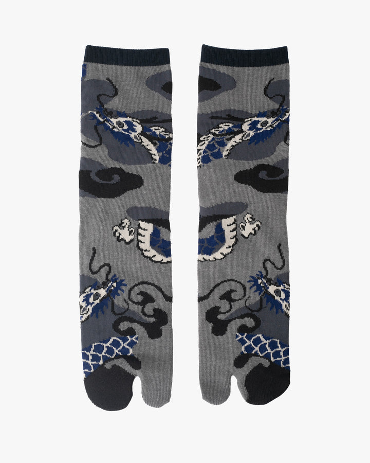 Kurochiku, Tabi Socks, Crew, Gray, Blue and Black Dragon - M/L