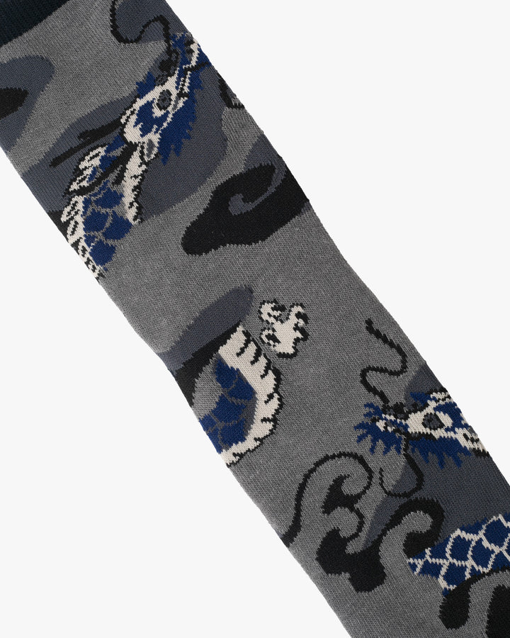 Kurochiku, Tabi Socks, Crew, Gray, Blue and Black Dragon - M/L