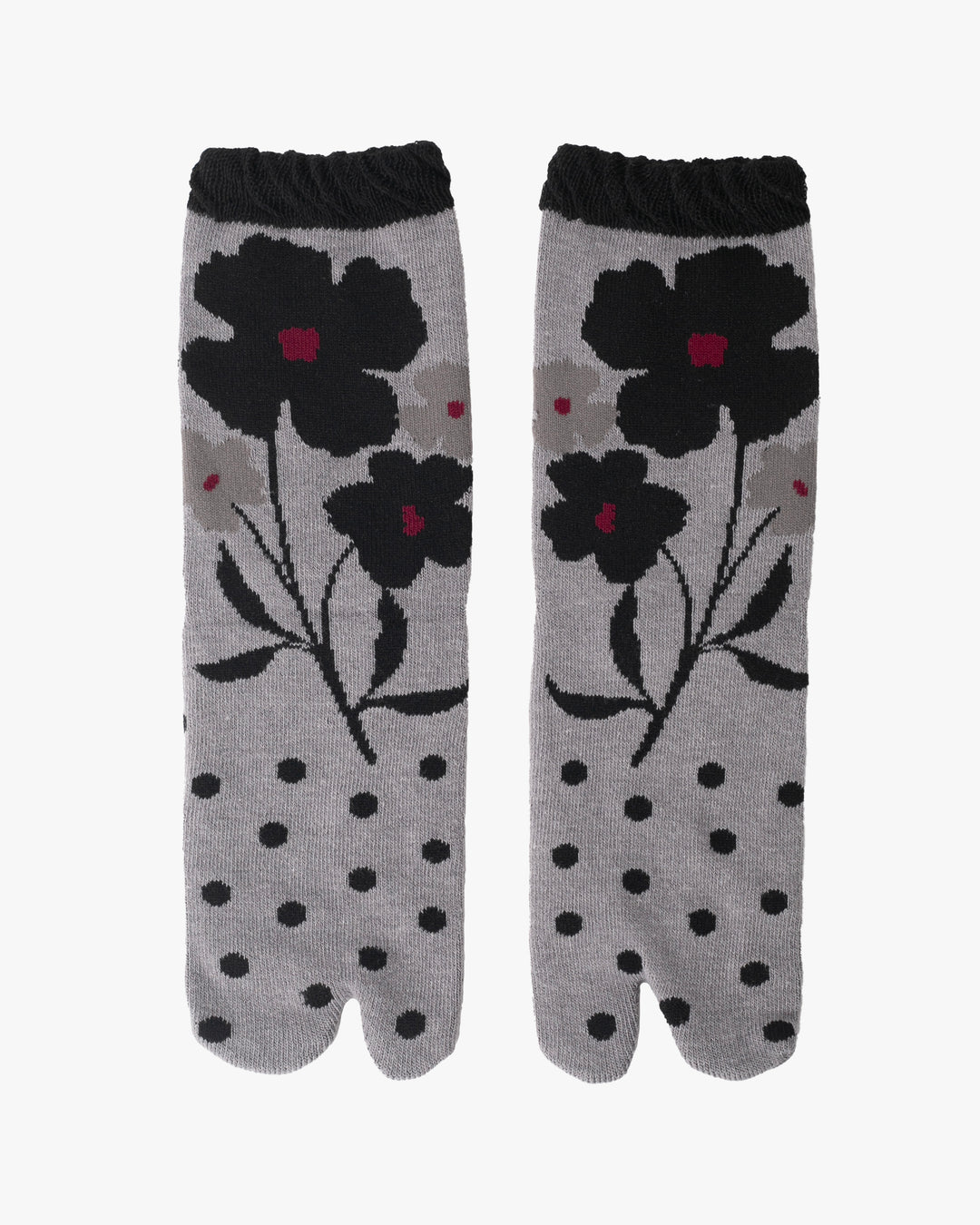 Kurochiku, Tabi Socks, Crew, Gray Polka Dot and Black Floral - S/M