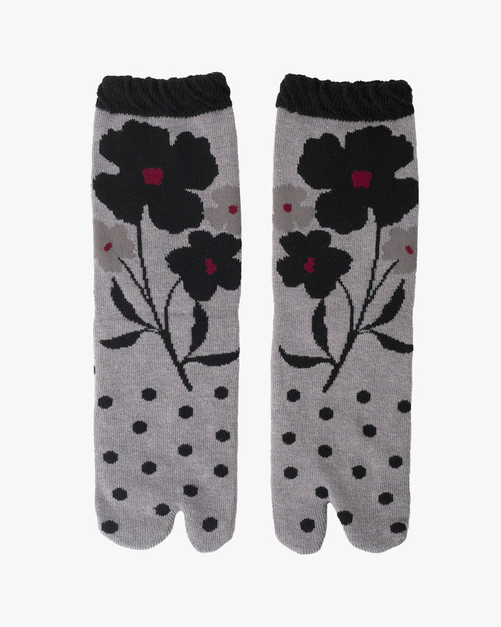 Kurochiku, Tabi Socks, Crew, Gray Polka Dot and Black Floral - S/M