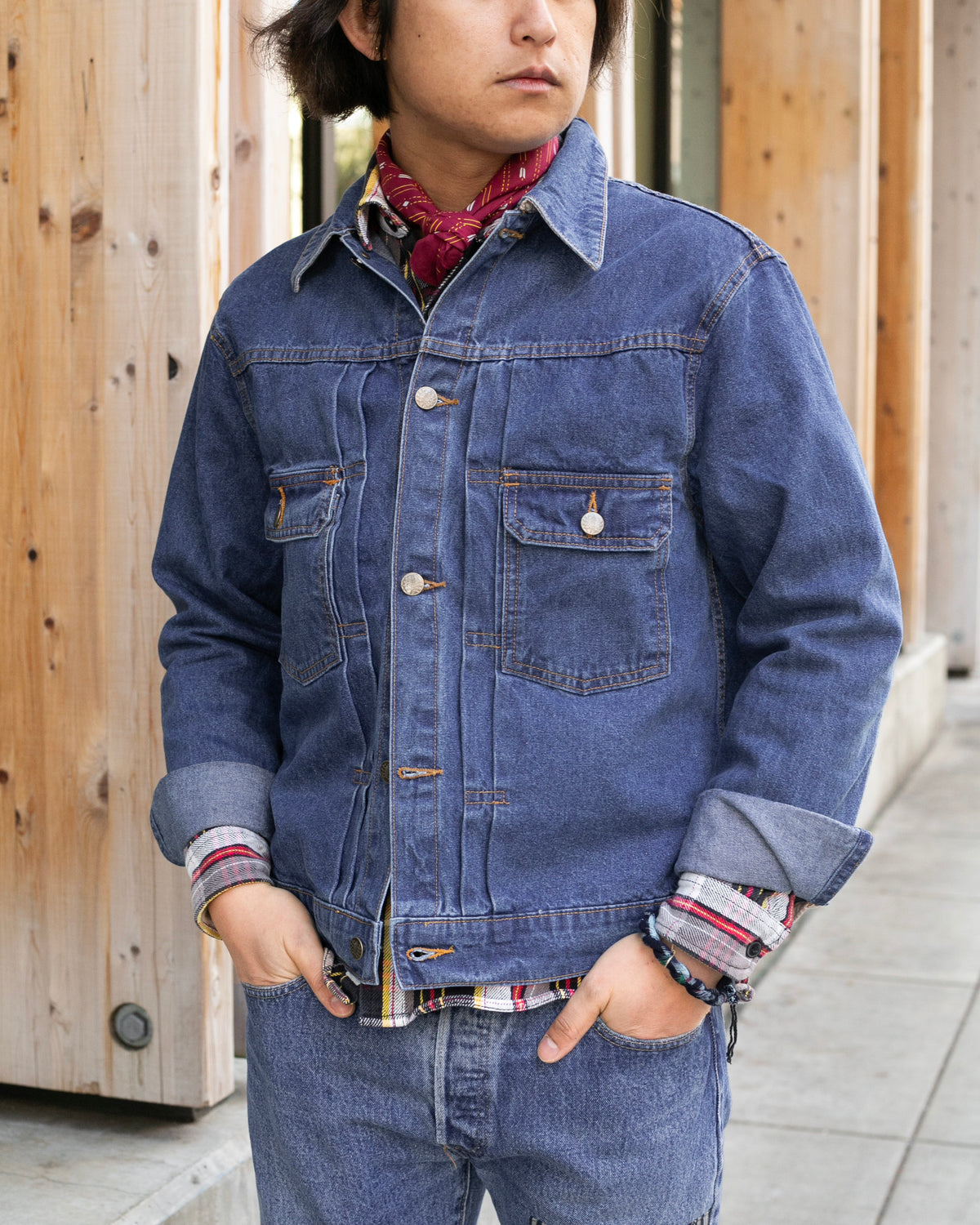 Kiriko Original Type II Denim Trucker Jacket, Trimmed with Patched Nami Fabric, Bleached Denim