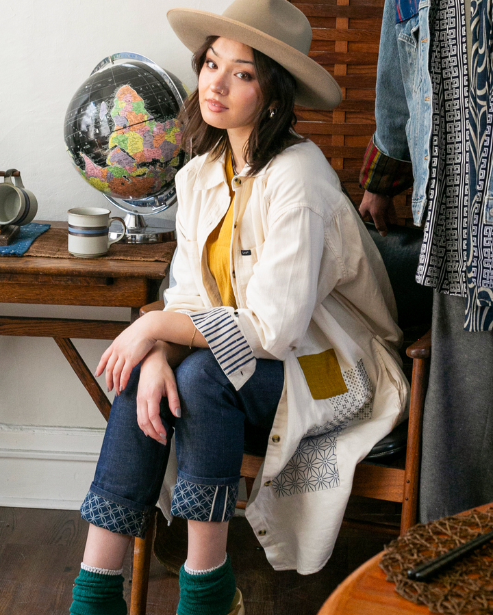 Kiriko Original, Patched Lee Shirt Dress, Cream