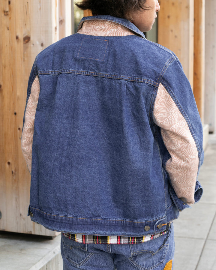 Kiriko Original Type II Denim Trucker Jacket, Trimmed with Patched Nami Fabric, Bleached Denim