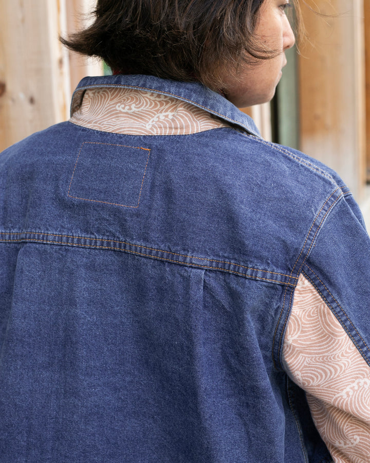 Kiriko Original Type II Denim Trucker Jacket, Trimmed with Patched Nami Fabric, Bleached Denim