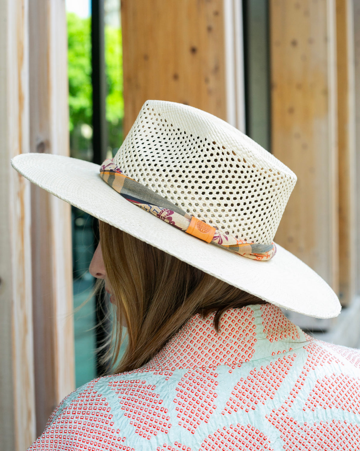 Kiriko Custom Panama Hat, Straw, Braided Indigo Katazome, Shades of Burgundy, Orange, and Blue Plaid