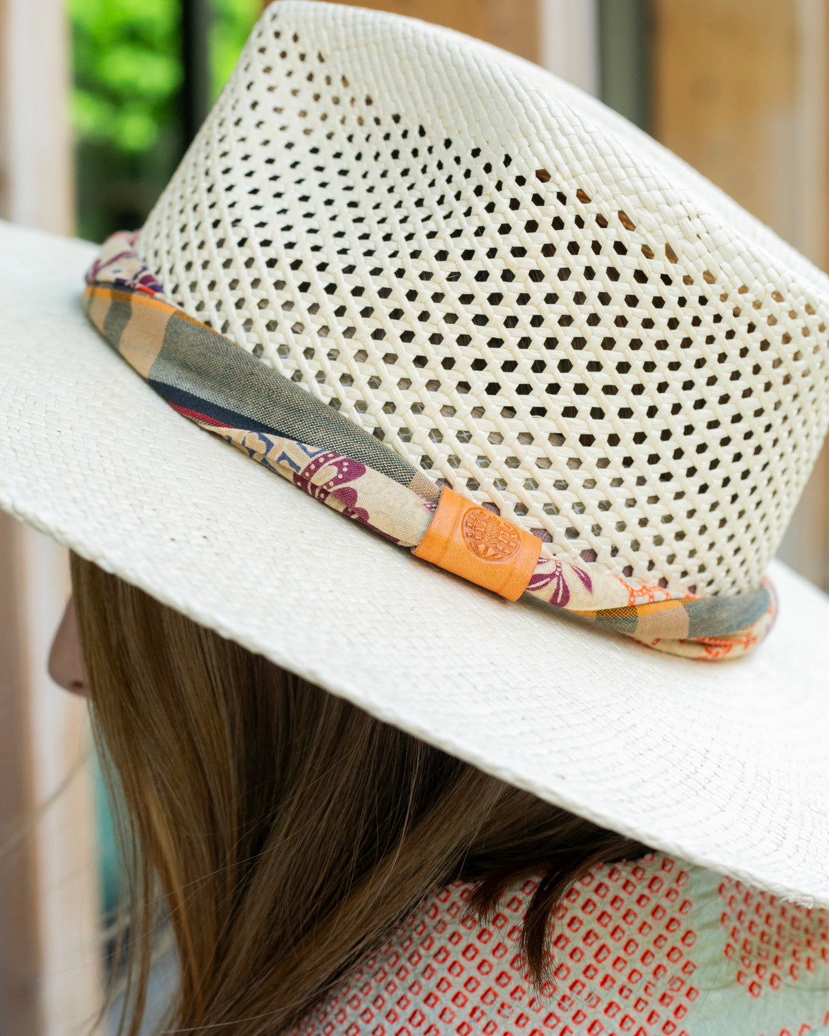 Kiriko Custom Panama Hat, Straw, Braided Indigo Katazome, Shades of Burgundy, Orange, and Blue Plaid