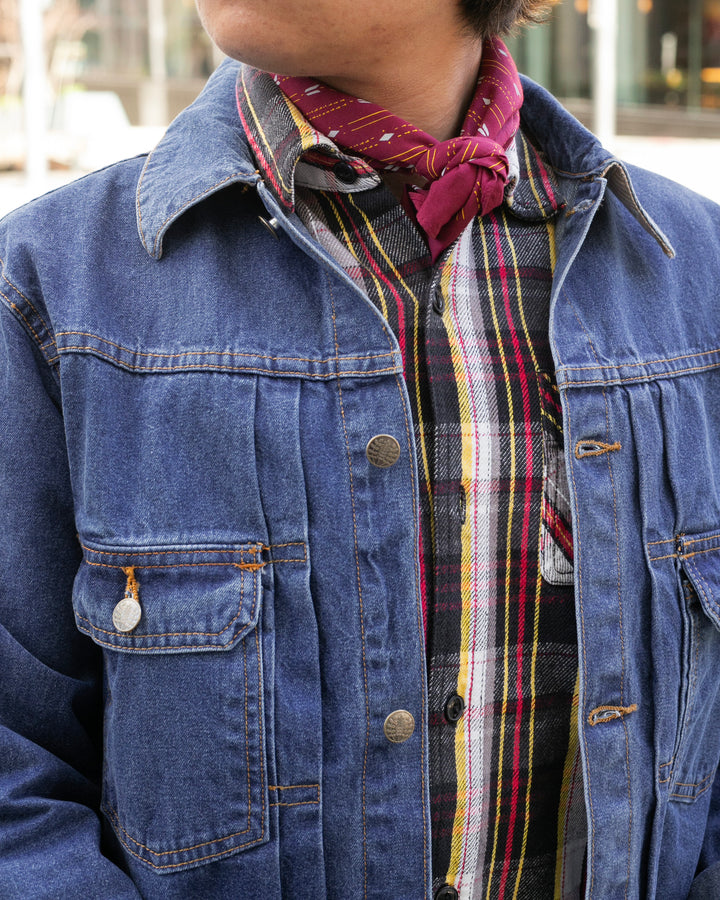 Kiriko Original Type II Denim Trucker Jacket, Trimmed with Patched Nami Fabric, Bleached Denim