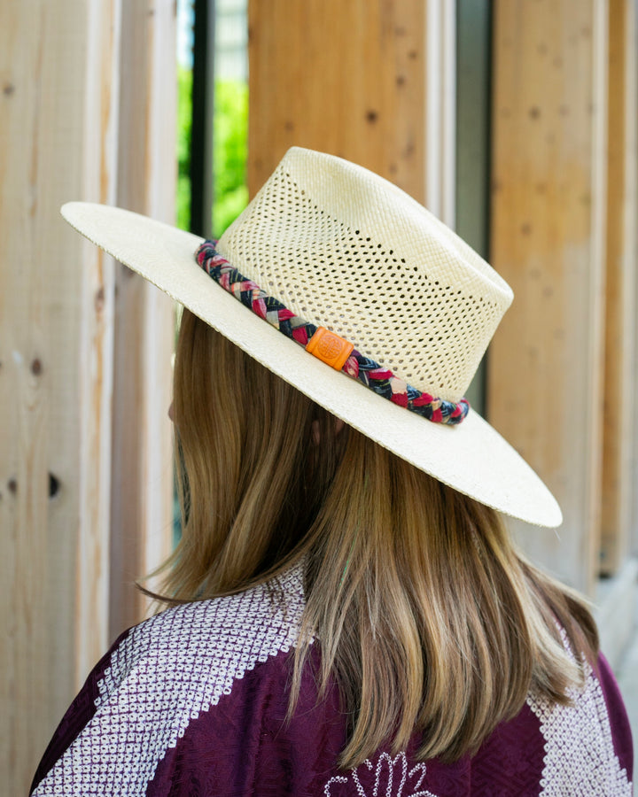 Kiriko Custom Panama Hat, Straw, Braided Indigo Katazome, Shades of Red and Orange Plaid