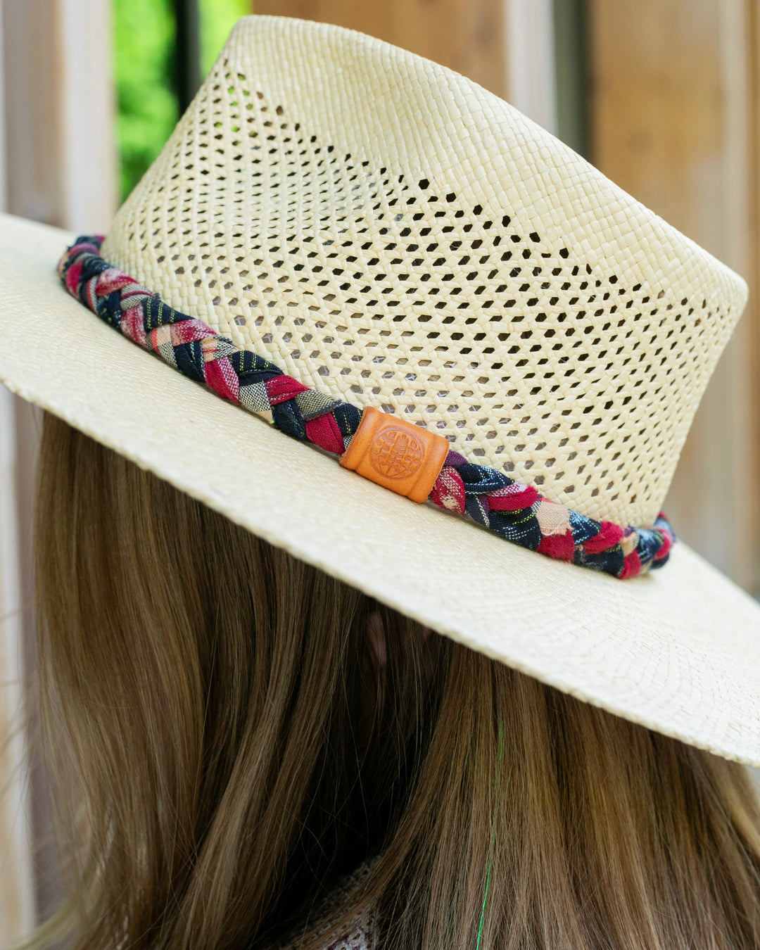 Kiriko Custom Panama Hat, Straw, Braided Indigo Katazome, Shades of Red and Orange Plaid