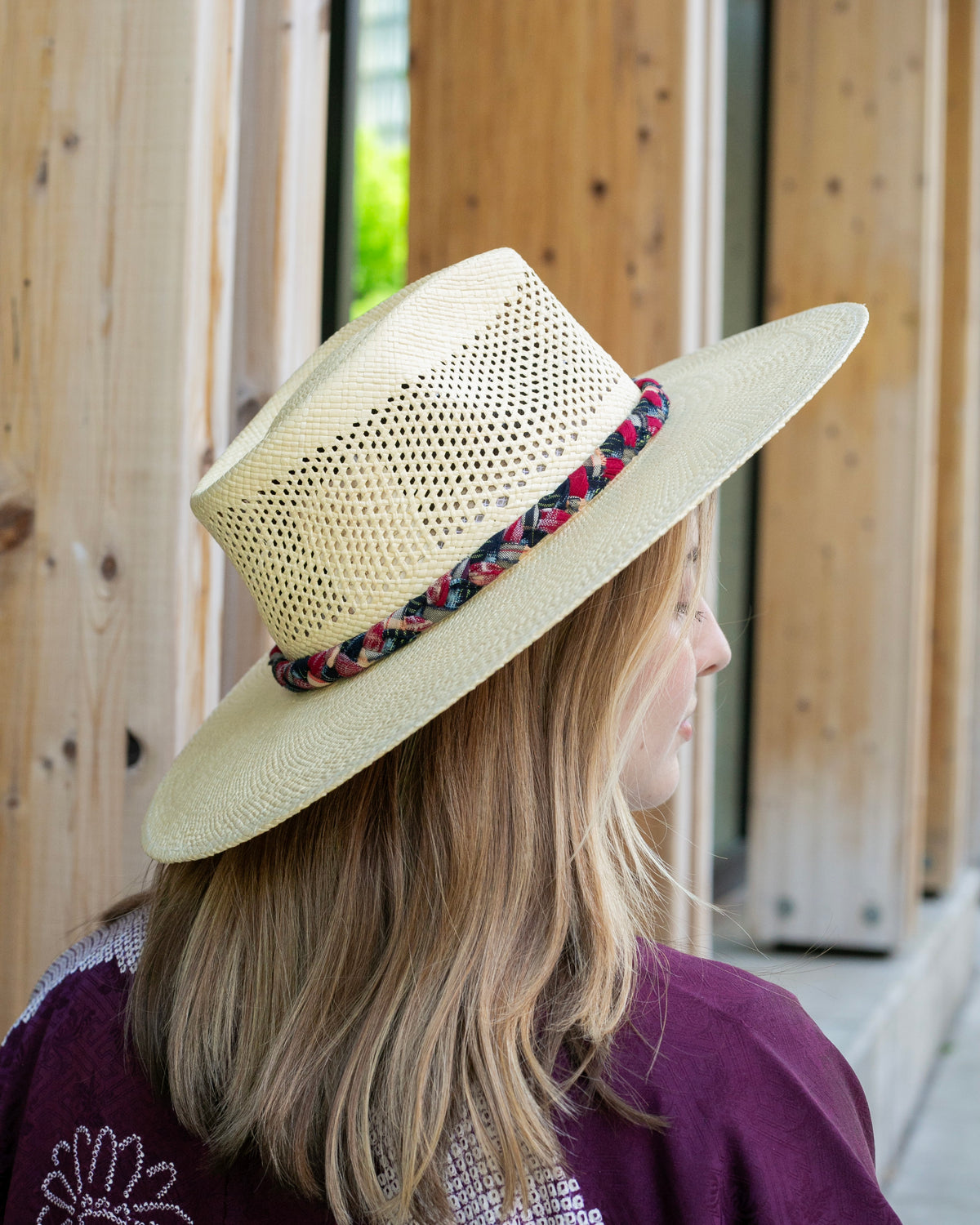 Kiriko Custom Panama Hat, Straw, Braided Indigo Katazome, Shades of Red and Orange Plaid