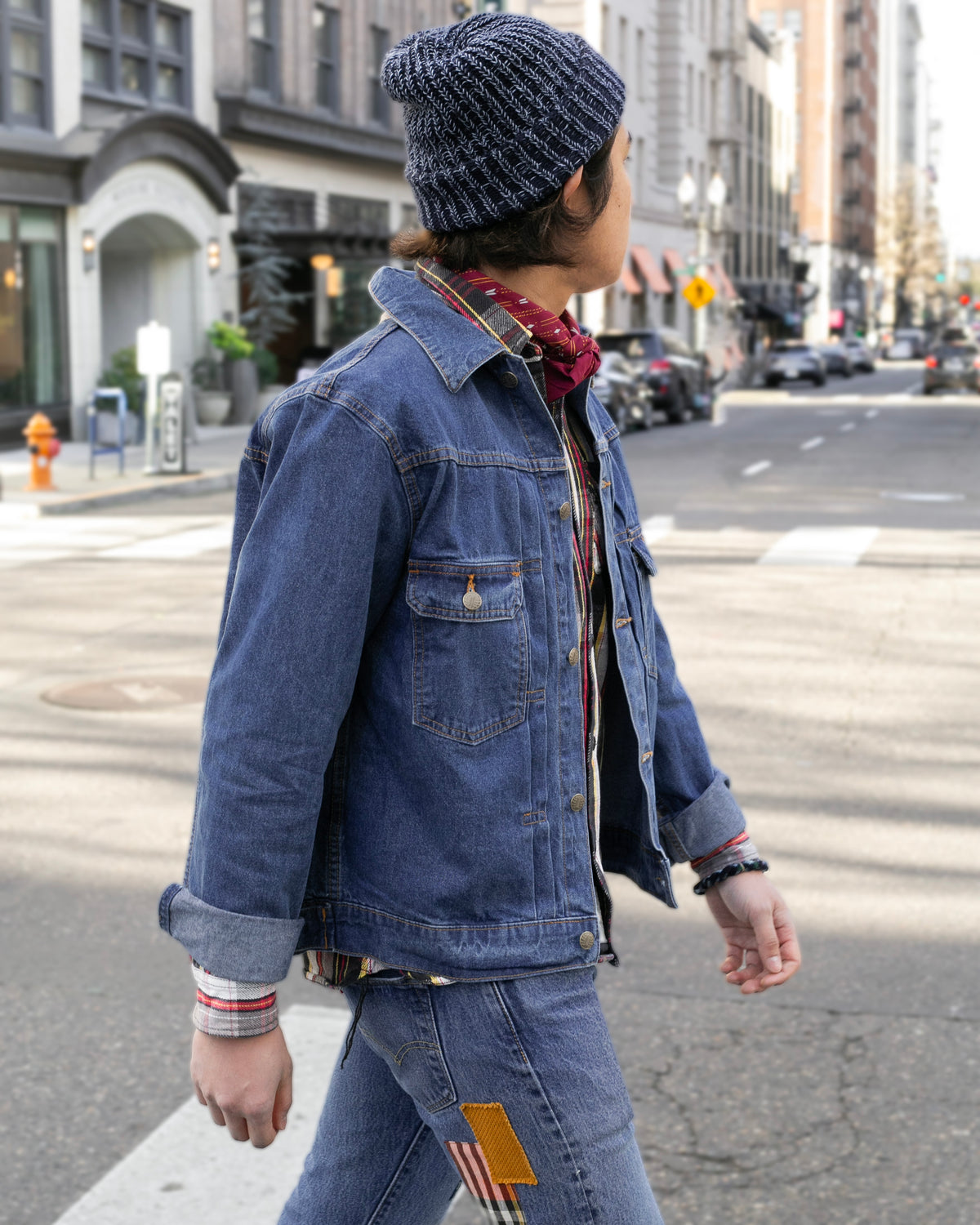 Kiriko Original Type II Denim Trucker Jacket, Trimmed with Patched Nami Fabric, Bleached Denim