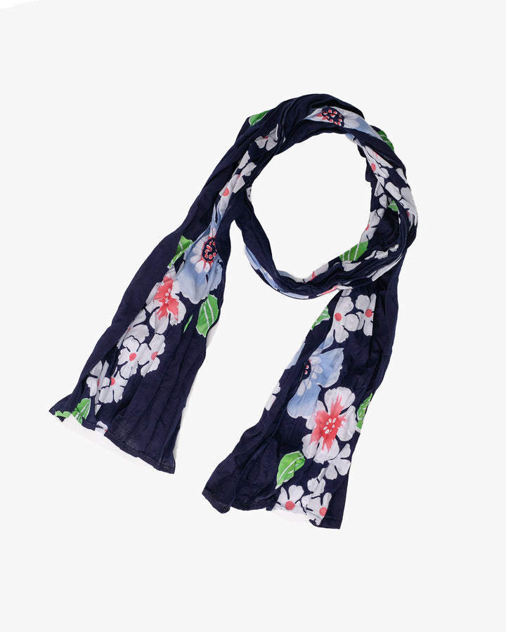 Kiriko Original Scarf, Kiji, Yukata,Shima Dark Indigo with White Flowers and Red Accents