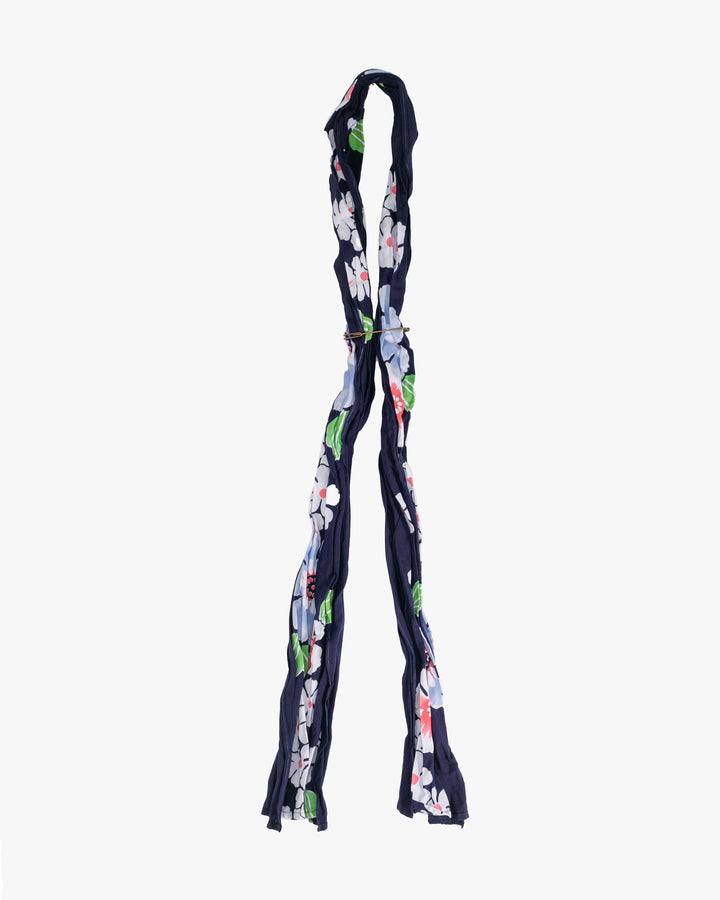 Kiriko Original Scarf, Kiji, Yukata,Shima Dark Indigo with White Flowers and Red Accents