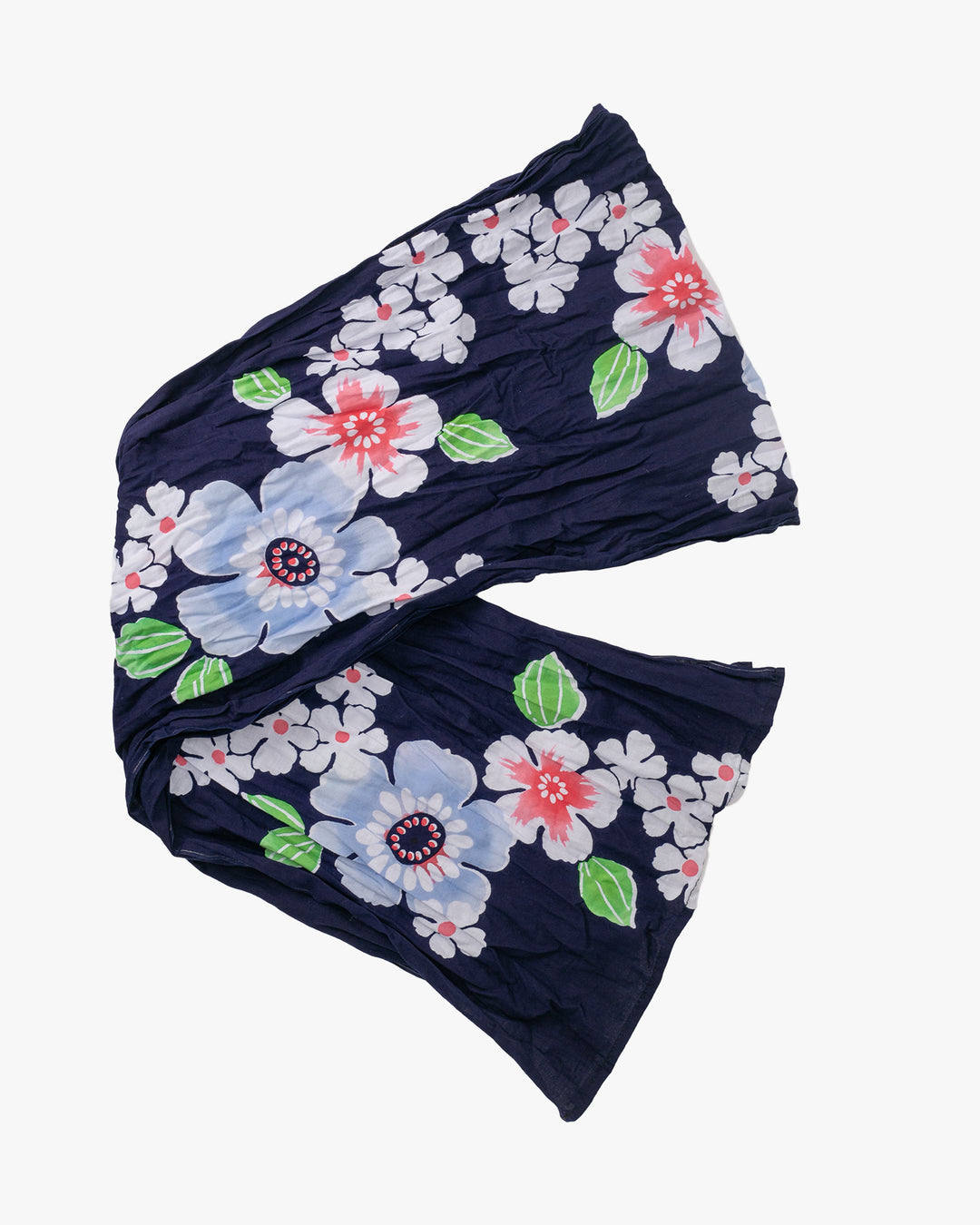 Kiriko Original Scarf, Kiji, Yukata,Shima Dark Indigo with White Flowers and Red Accents
