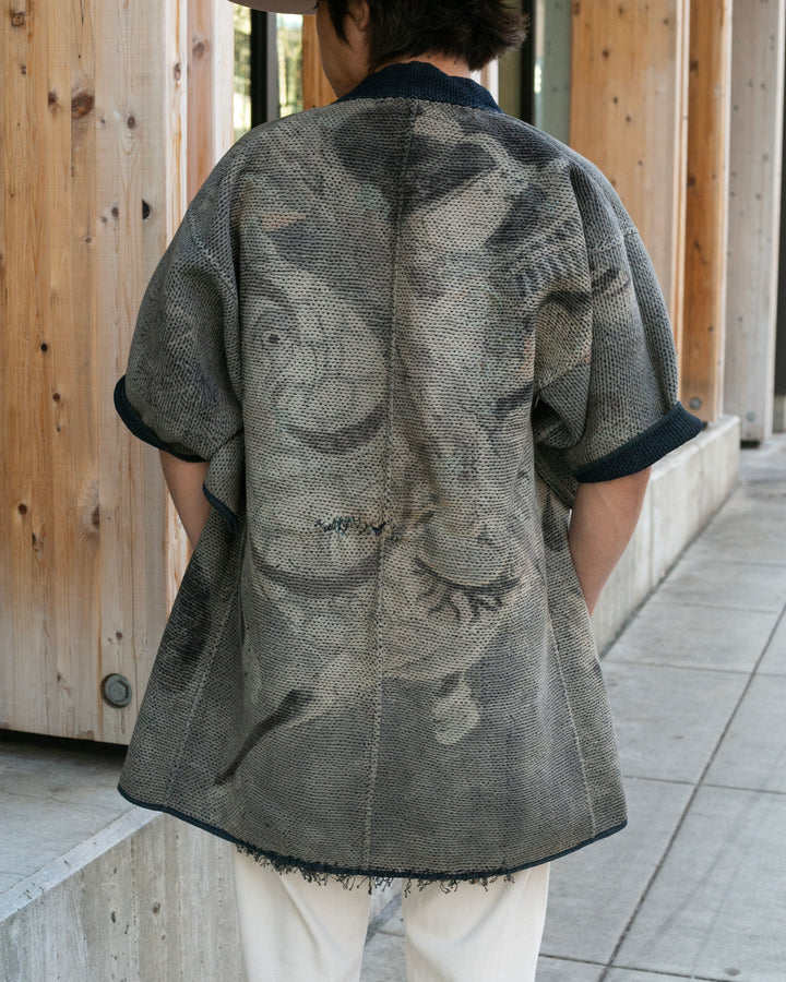 Vintage Noragi Jacket, Full Sashiko with Sakiori Back Panel, Dark Indigo with Rust and Red