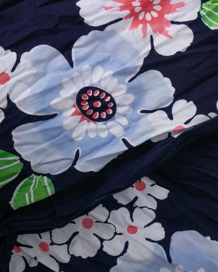 Kiriko Original Scarf, Kiji, Yukata,Shima Dark Indigo with White Flowers and Red Accents