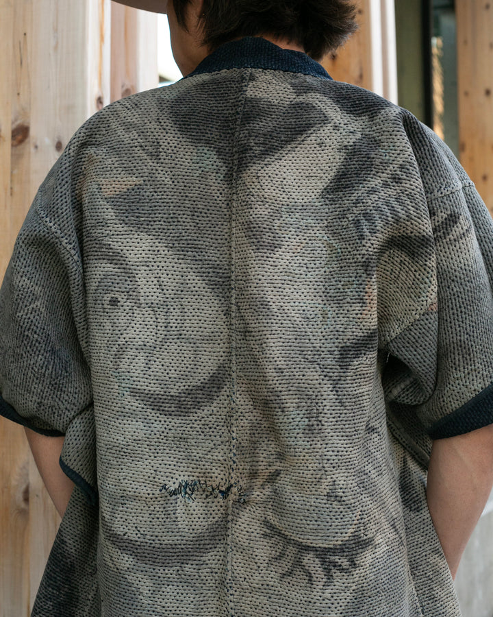 Vintage Noragi Jacket, Full Sashiko with Sakiori Back Panel, Dark Indigo with Rust and Red