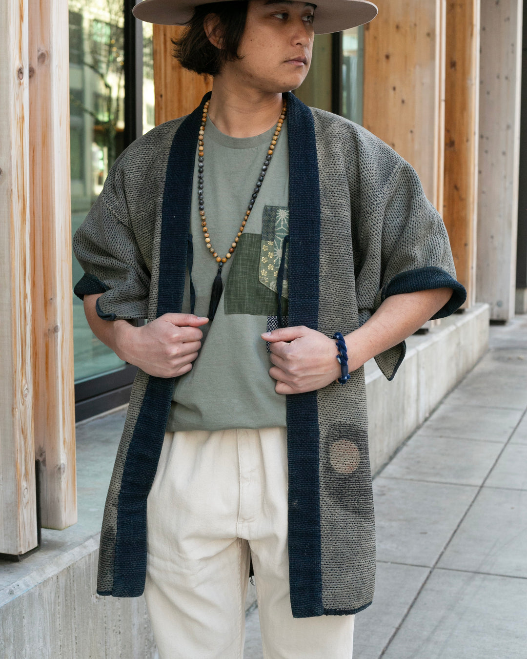 Vintage Noragi Jacket, Full Sashiko with Sakiori Back Panel, Dark Indigo with Rust and Red