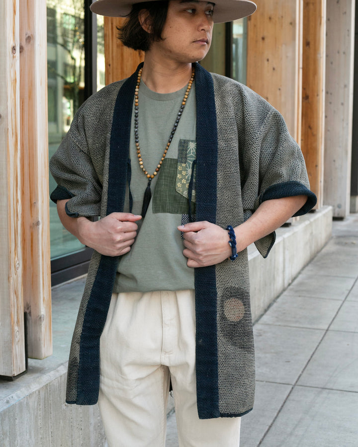 Vintage Noragi Jacket, Full Sashiko with Sakiori Back Panel, Dark Indigo with Rust and Red