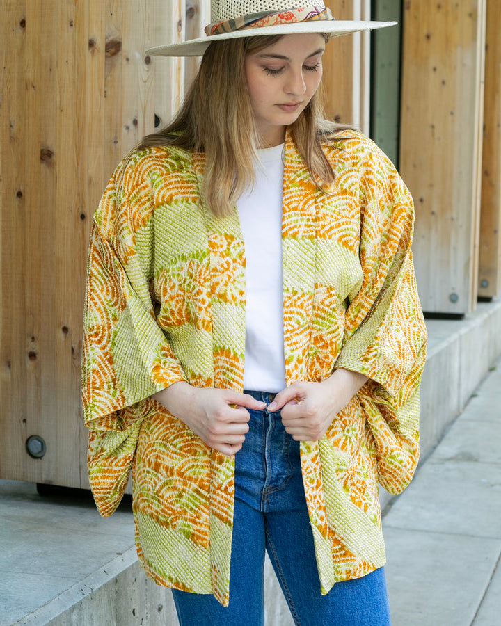 Vintage Haori Jacket, Full Shibori, Yellow and Green Partial Seigaiha and Daisies