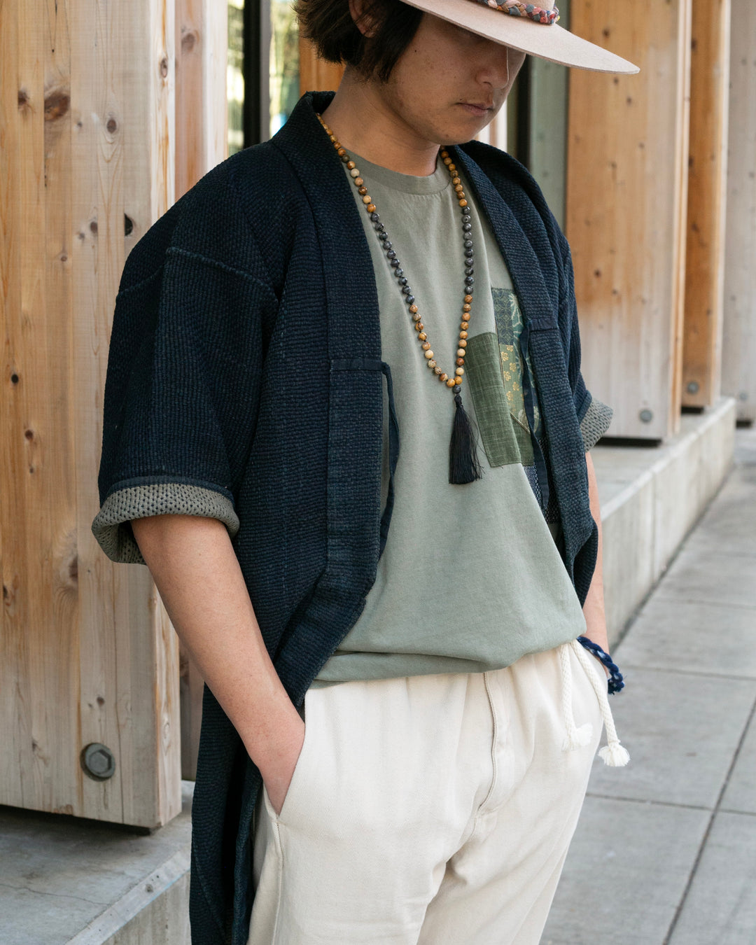 Vintage Noragi Jacket, Full Sashiko with Sakiori Back Panel, Dark Indigo with Rust and Red