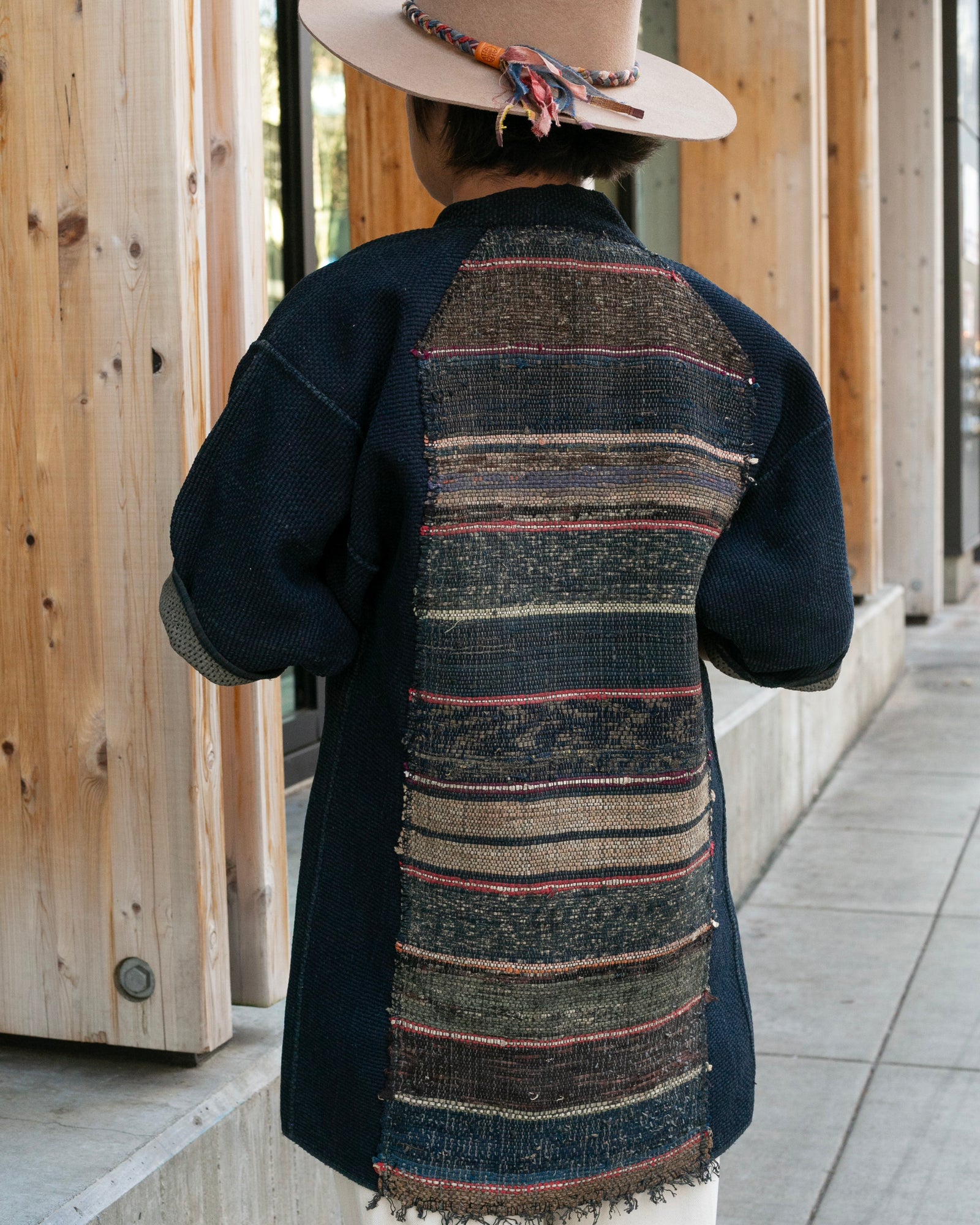 Vintage Noragi Jacket, Full Sashiko with Sakiori Back Panel, Dark Indigo with Rust and Red