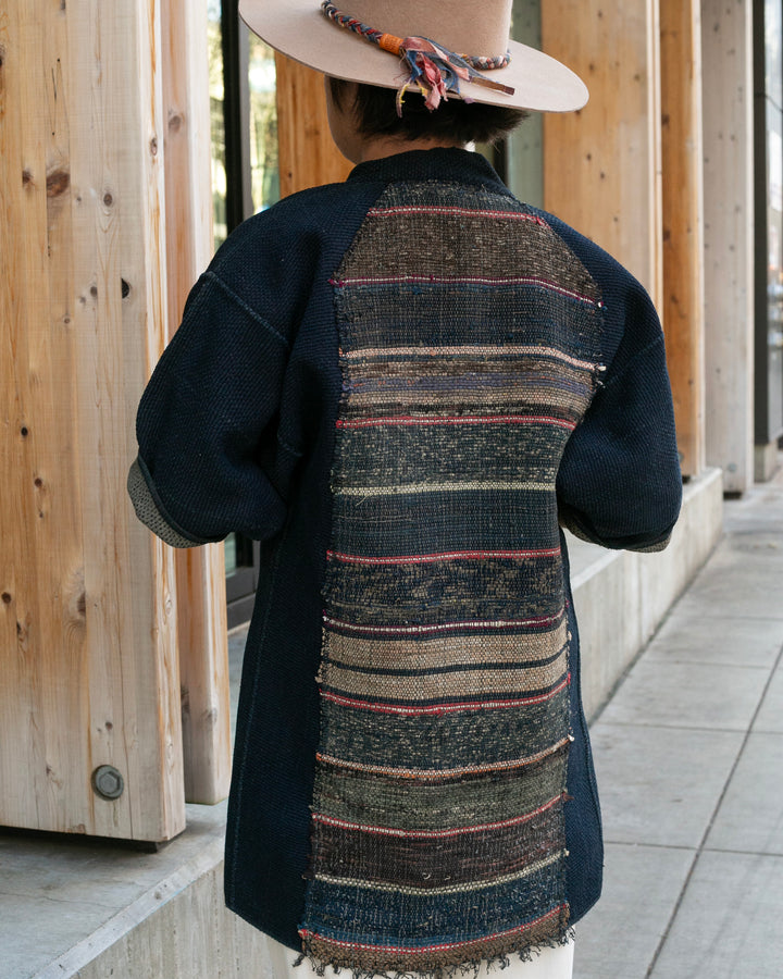 Vintage Noragi Jacket, Full Sashiko with Sakiori Back Panel, Dark Indigo with Rust and Red