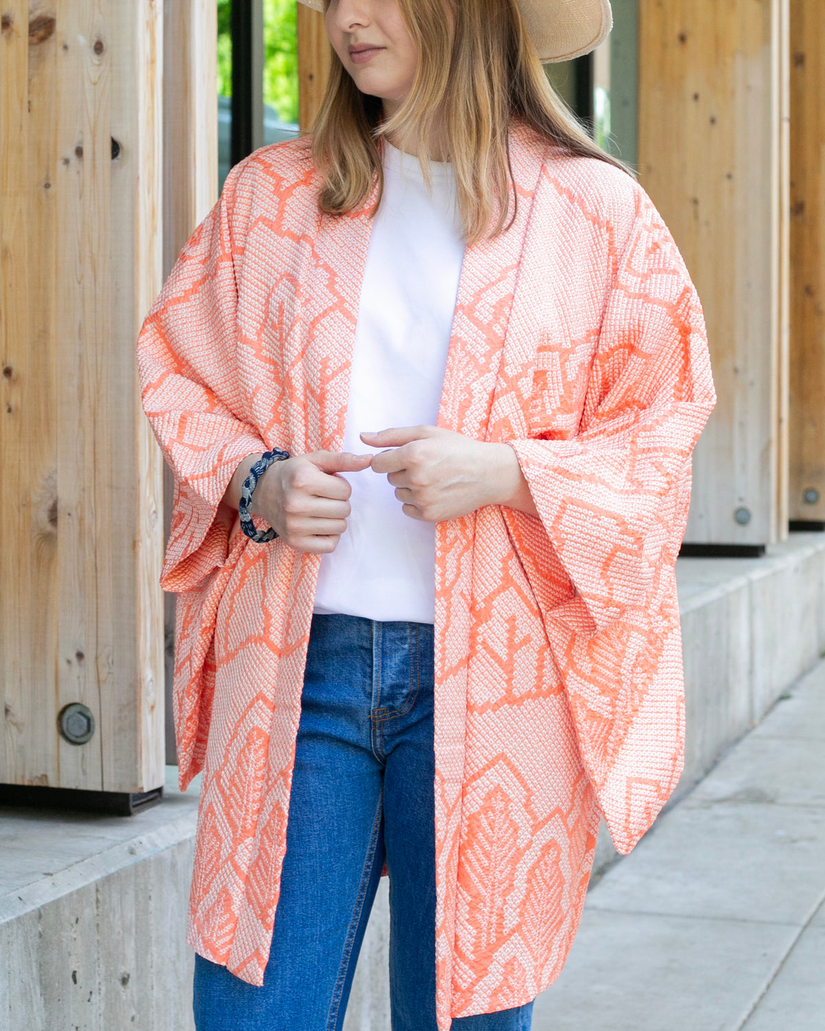 Vintage Haori Jacket, Full Shibori, Peach Tree Landscape