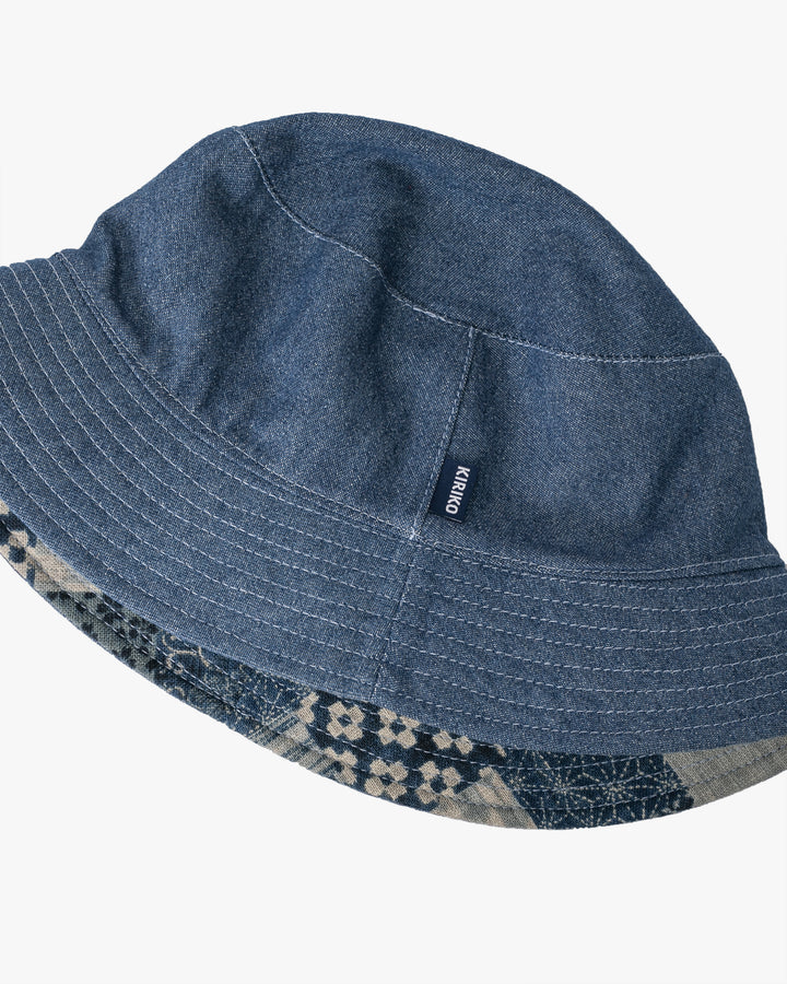 Kiriko Original Indigo Bucket Hat, Reversible, Small indigo Patch Work Style Denim