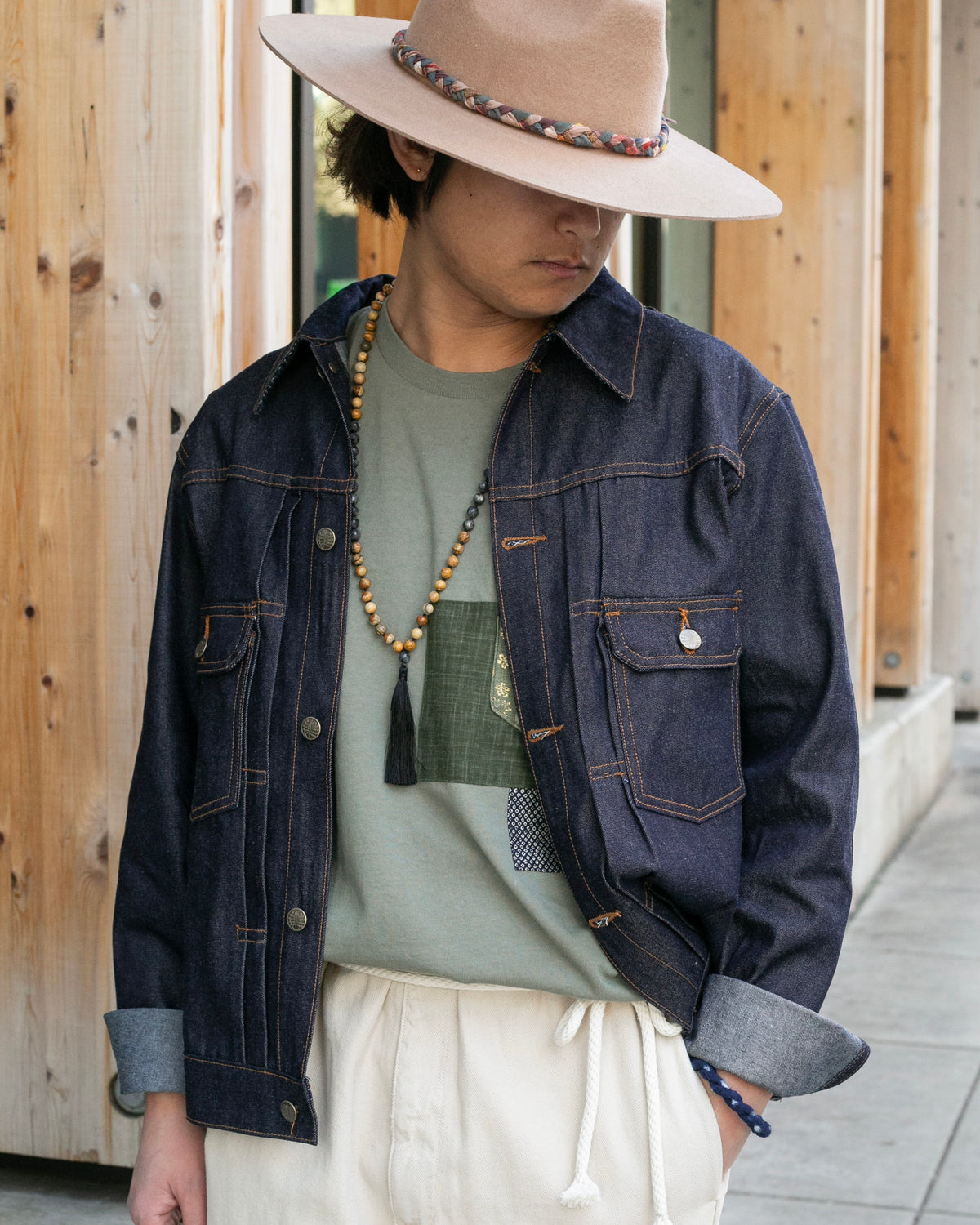 Kiriko Original Type II Denim Trucker Jacket, Trimmed with Patched Multi Fabric, Raw Denim