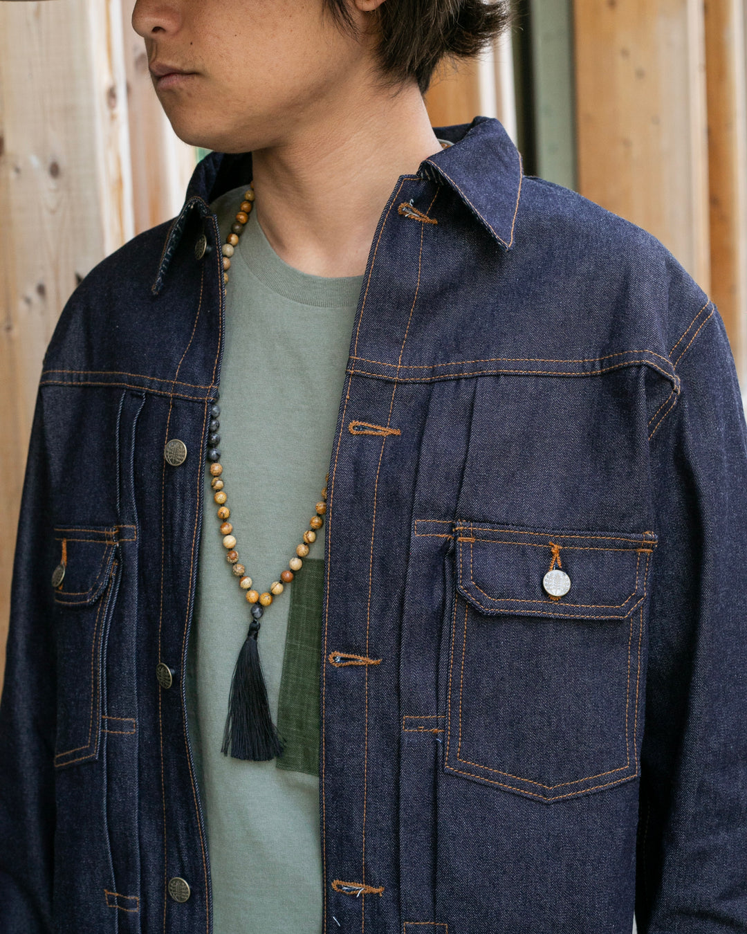 Kiriko Original Type II Denim Trucker Jacket, Trimmed with Patched Multi Fabric, Raw Denim