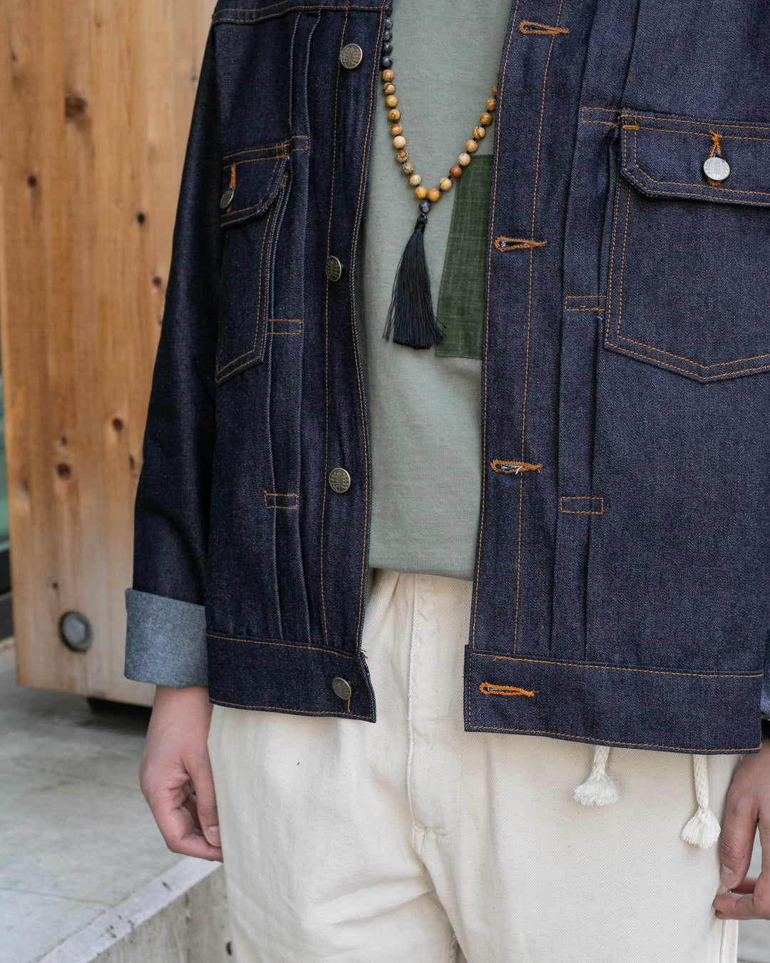 Kiriko Original Type II Denim Trucker Jacket, Trimmed with Patched Multi Fabric, Raw Denim