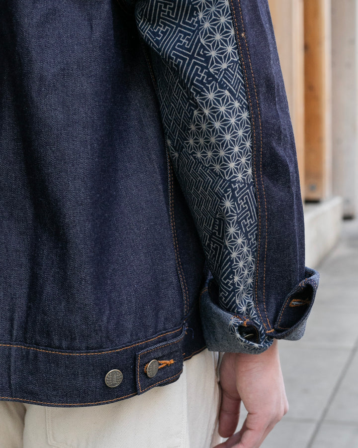 Kiriko Original Type II Denim Trucker Jacket, Trimmed with Patched Multi Fabric, Raw Denim