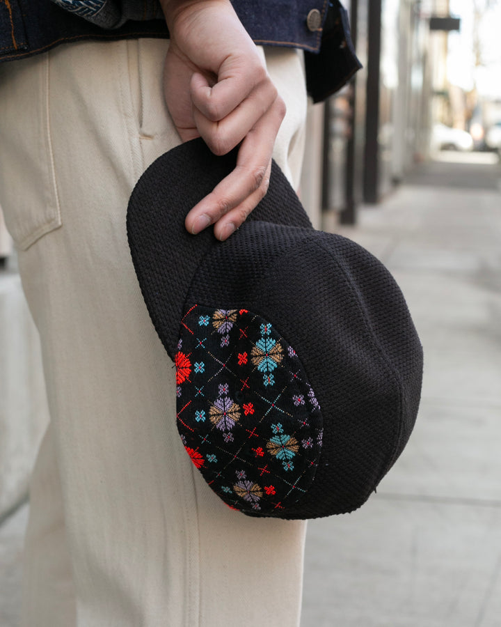 Kiriko Original Cap, 5-Panel, Two Tone, Black Sashi-Ori with Multicolor Chrysanthemum French Jacquard