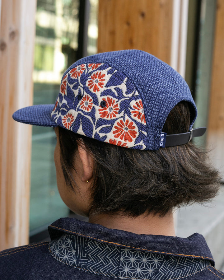 Kiriko Original Cap, 5-Panel, Two Tone, Washed Indigo Sashi-Ori with Orange Chrysanthemum French Jacquard