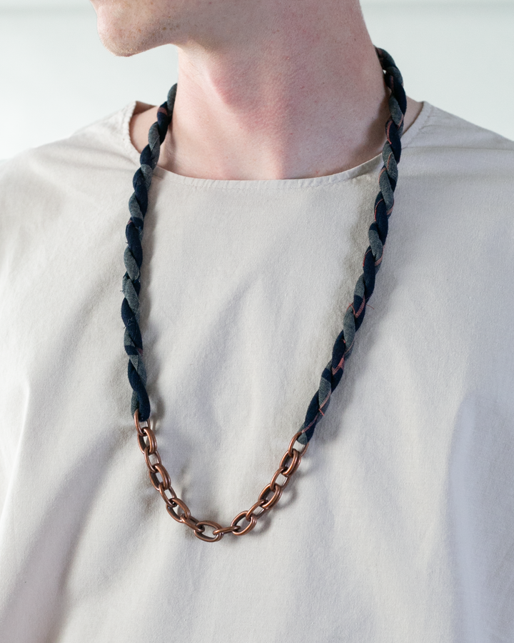 Boet x Kiriko Necklace, Boro, Dark Indigo with Grey and Coral Shima