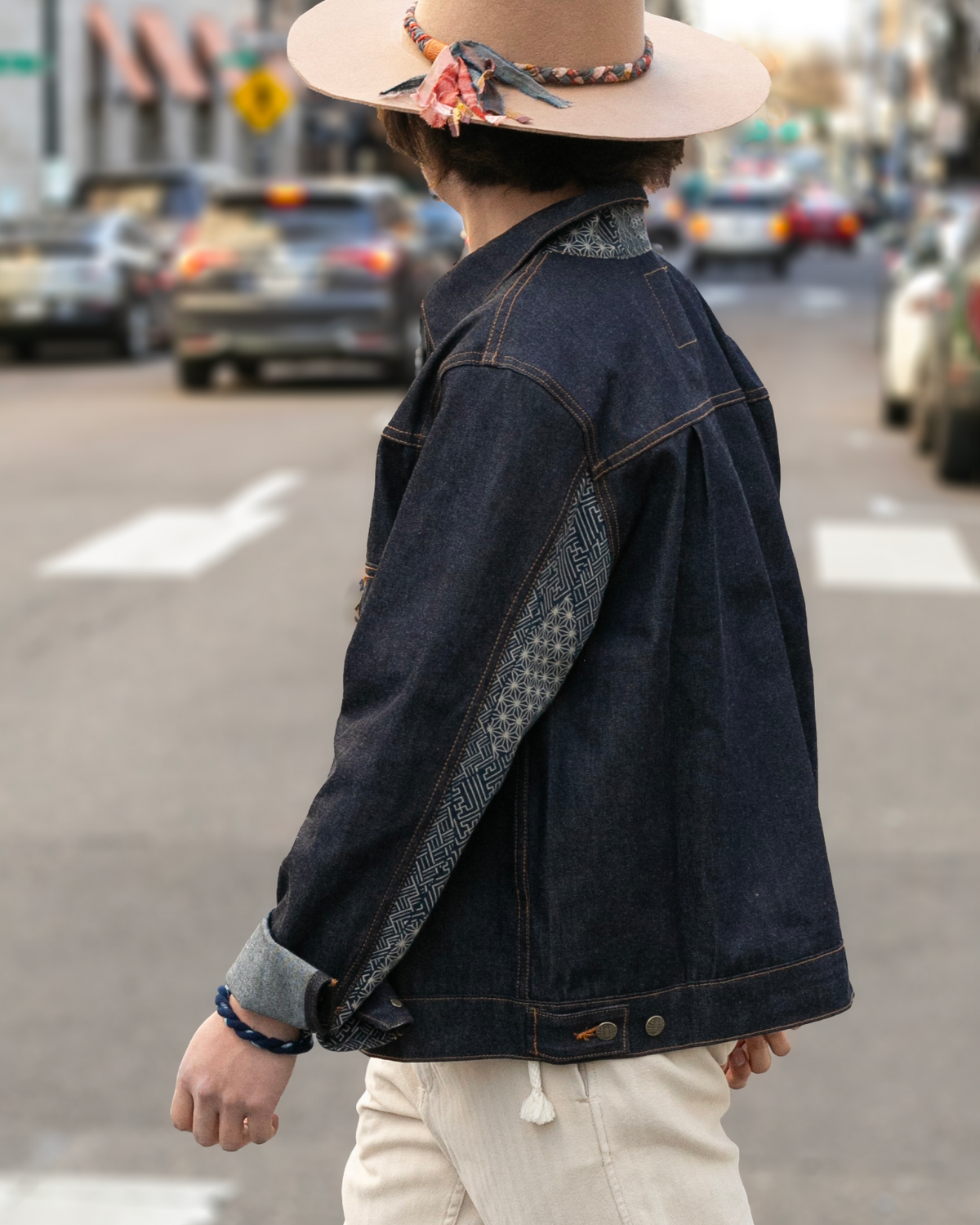 Kiriko Original Type II Denim Trucker Jacket, Trimmed with Patched Multi Fabric, Raw Denim