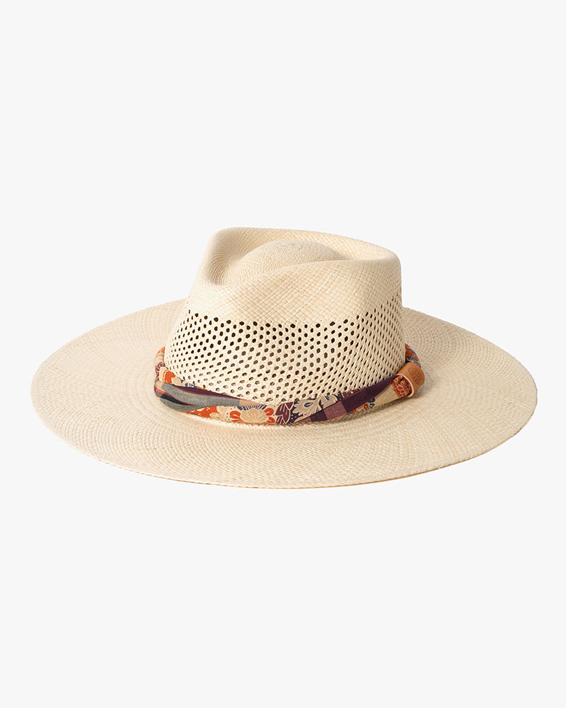 Kiriko Custom Panama Hat, Straw, Braided Indigo Katazome, Shades of Burgundy, Orange, and Blue Plaid