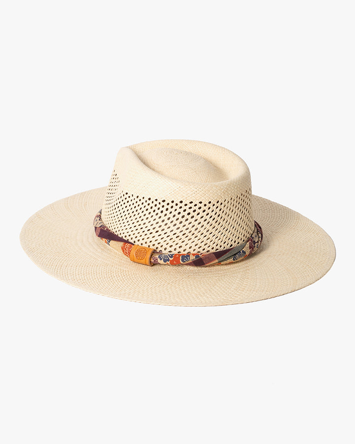 Kiriko Custom Panama Hat, Straw, Braided Indigo Katazome, Shades of Burgundy, Orange, and Blue Plaid