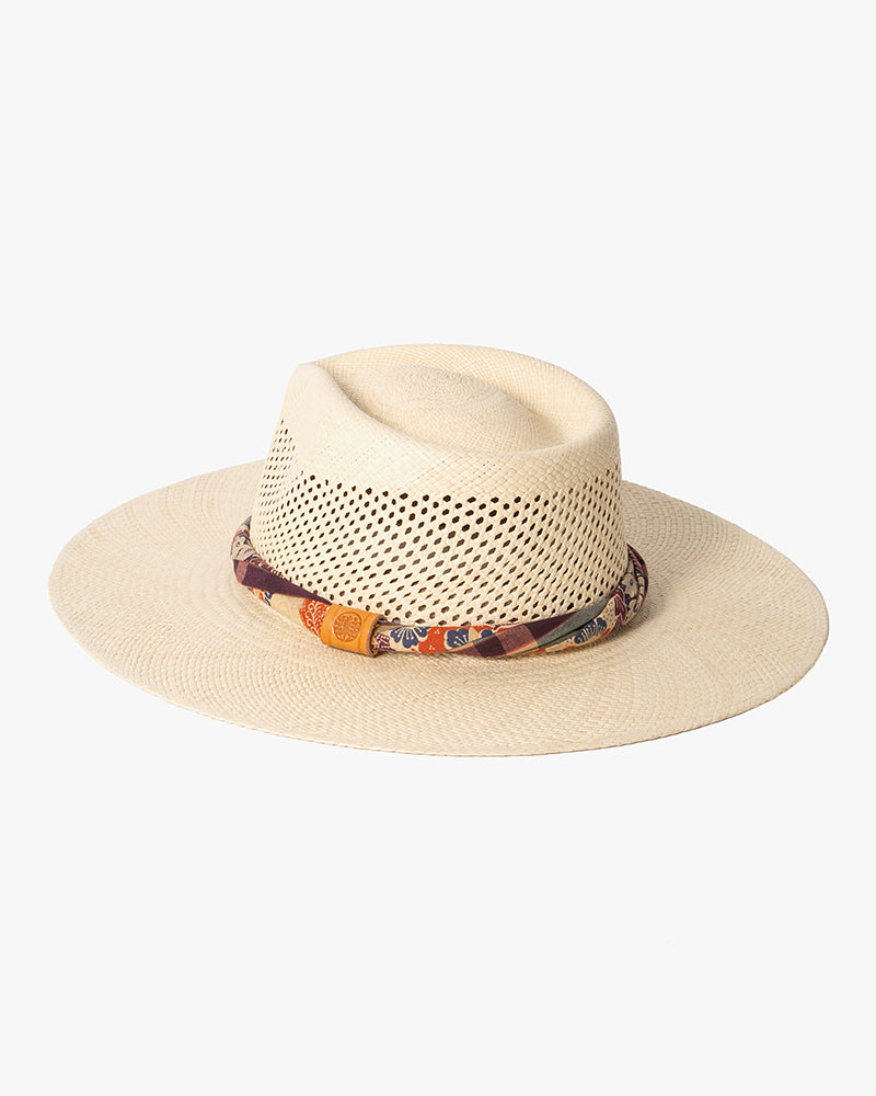 Kiriko Custom Panama Hat, Straw, Braided Indigo Katazome, Shades of Burgundy, Orange, and Blue Plaid