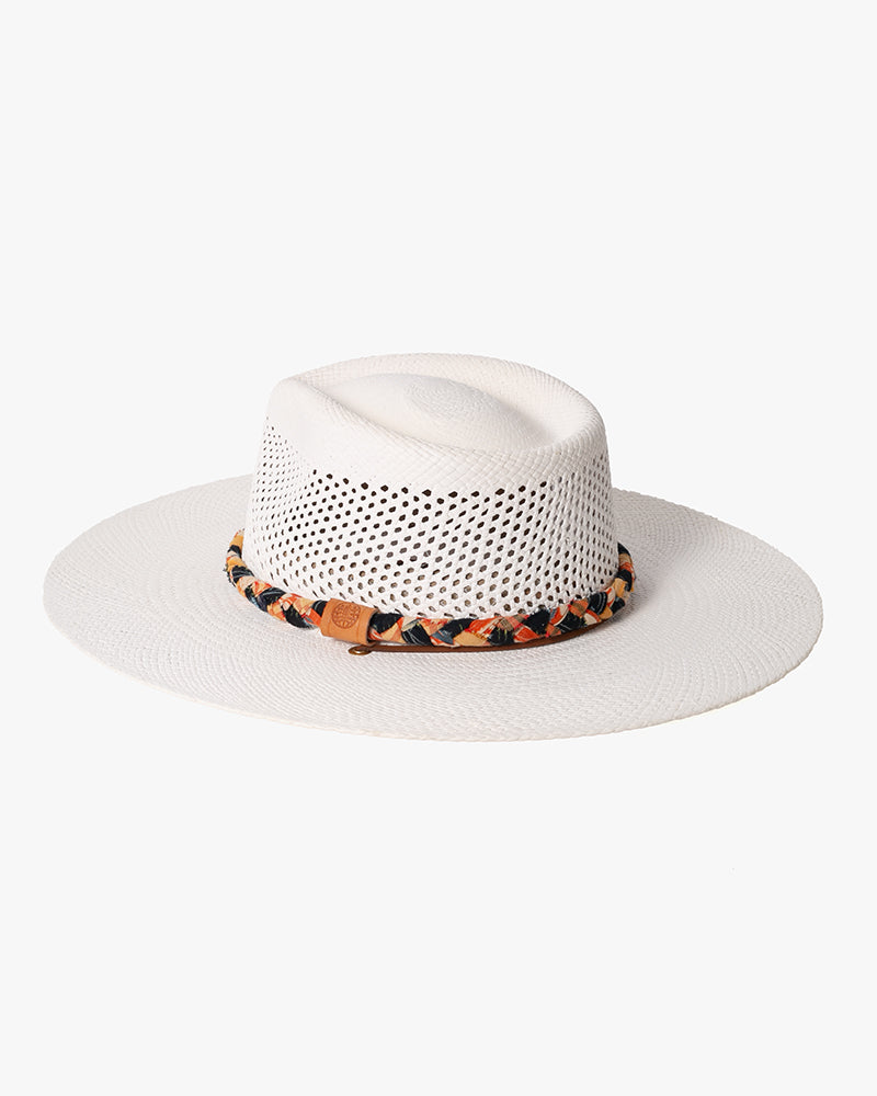 Kiriko Custom Panama Hat, Straw, Braided Indigo Katazome, Shades of Orange Plaid