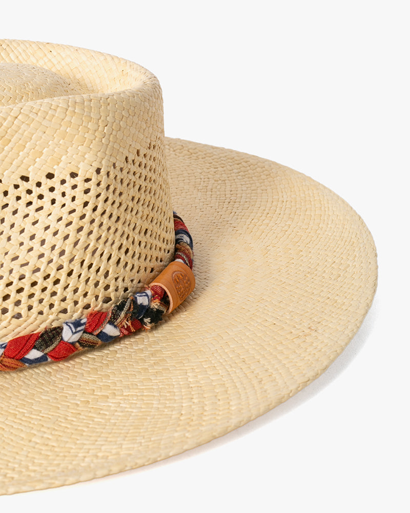 Kiriko Custom Panama Hat, Straw, Braided Indigo Katazome, Shades of Red and Orange Plaid