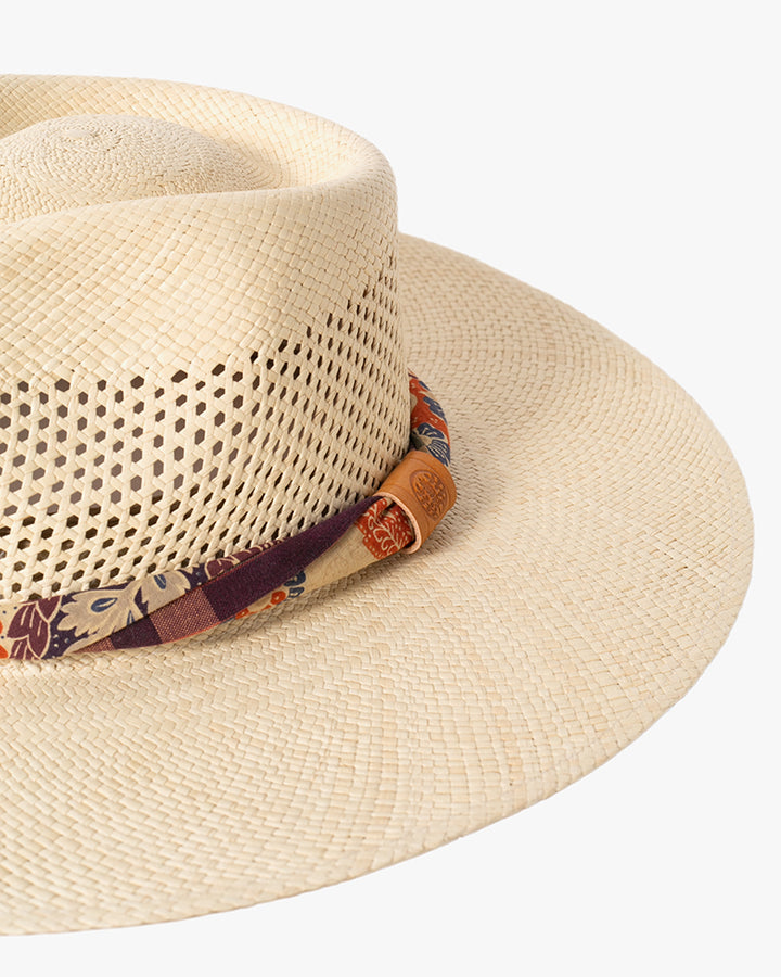Kiriko Custom Panama Hat, Straw, Braided Indigo Katazome, Shades of Burgundy, Orange, and Blue Plaid